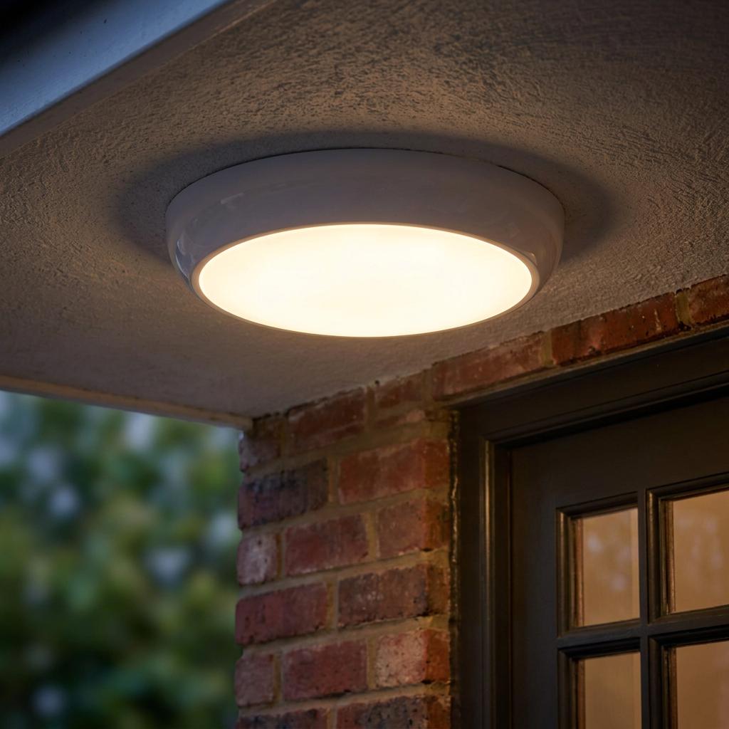 A circular white flush-mount outdoor ceiling light glowing warm light above a brick wall and dark door.