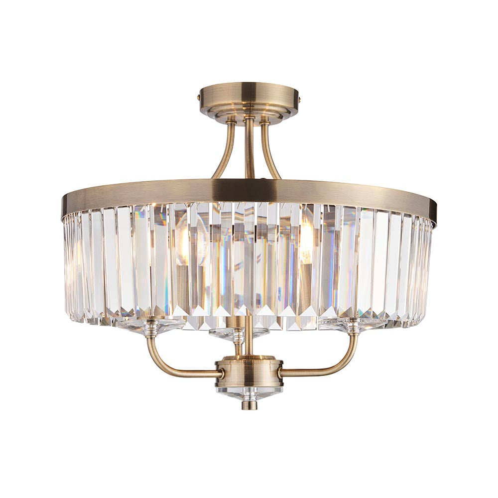 Ealing 3 Light Round Brass & Clear Cut Glass Semi Flush