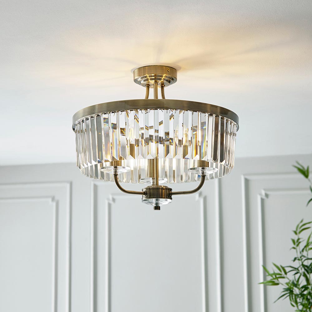 Ealing 3 Light Round Brass & Clear Cut Glass Semi Flush