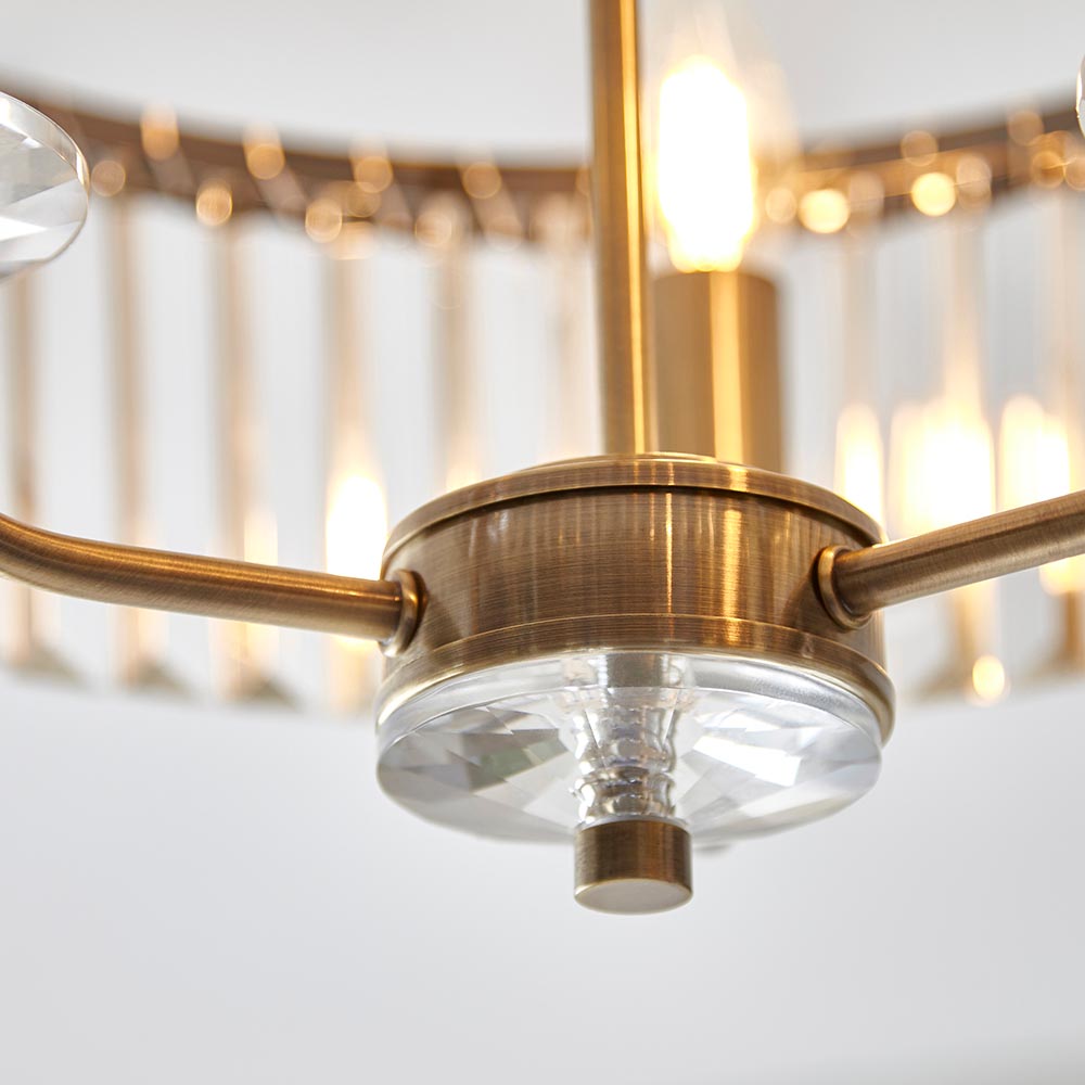 Ealing 3 Light Round Brass & Clear Cut Glass Semi Flush