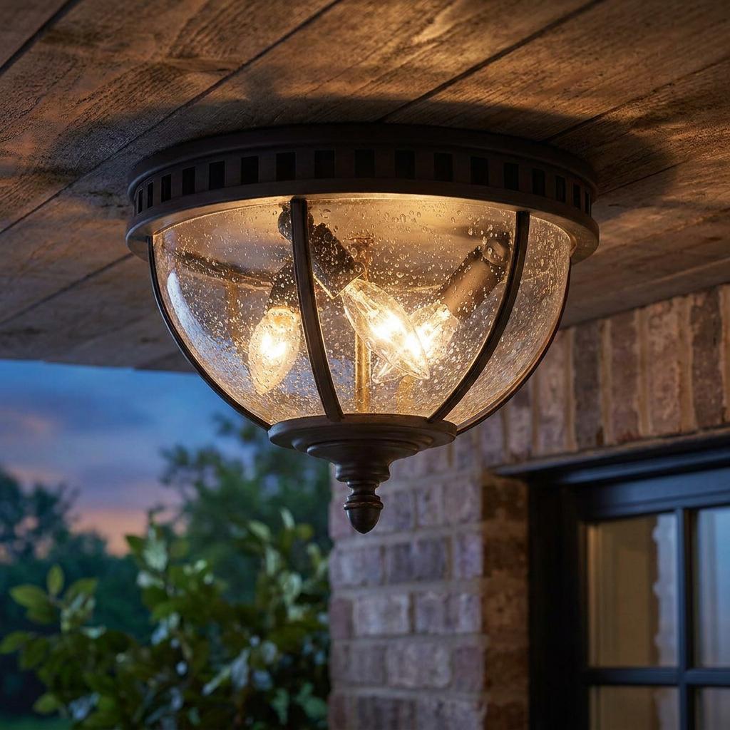 Dark bronze outdoor flush mount ceiling light with seeded glass and glowing bulbs on a wooden porch ceiling.
