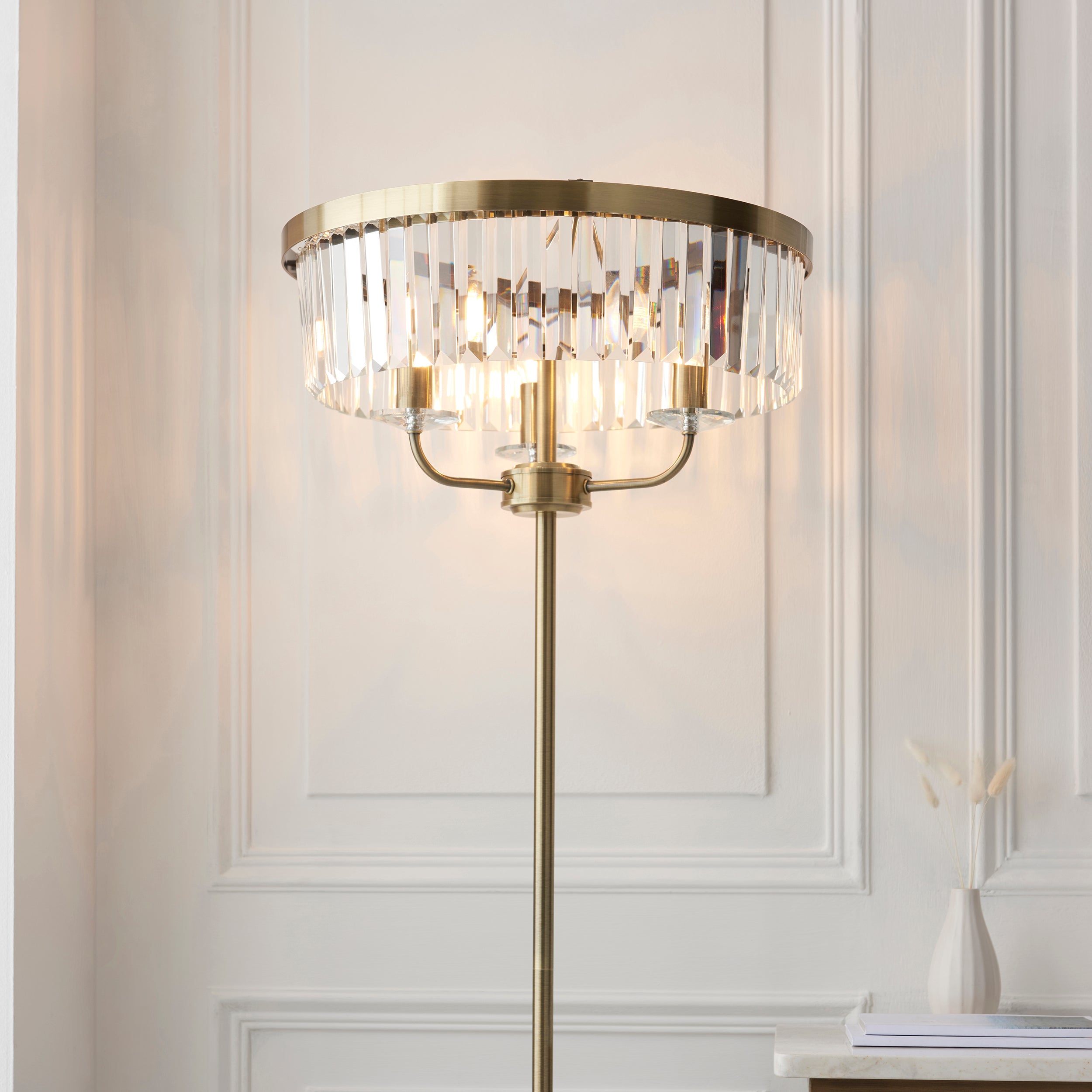 Ealing 3 Light Round Brass & Clear Cut Glass Floor Lamp