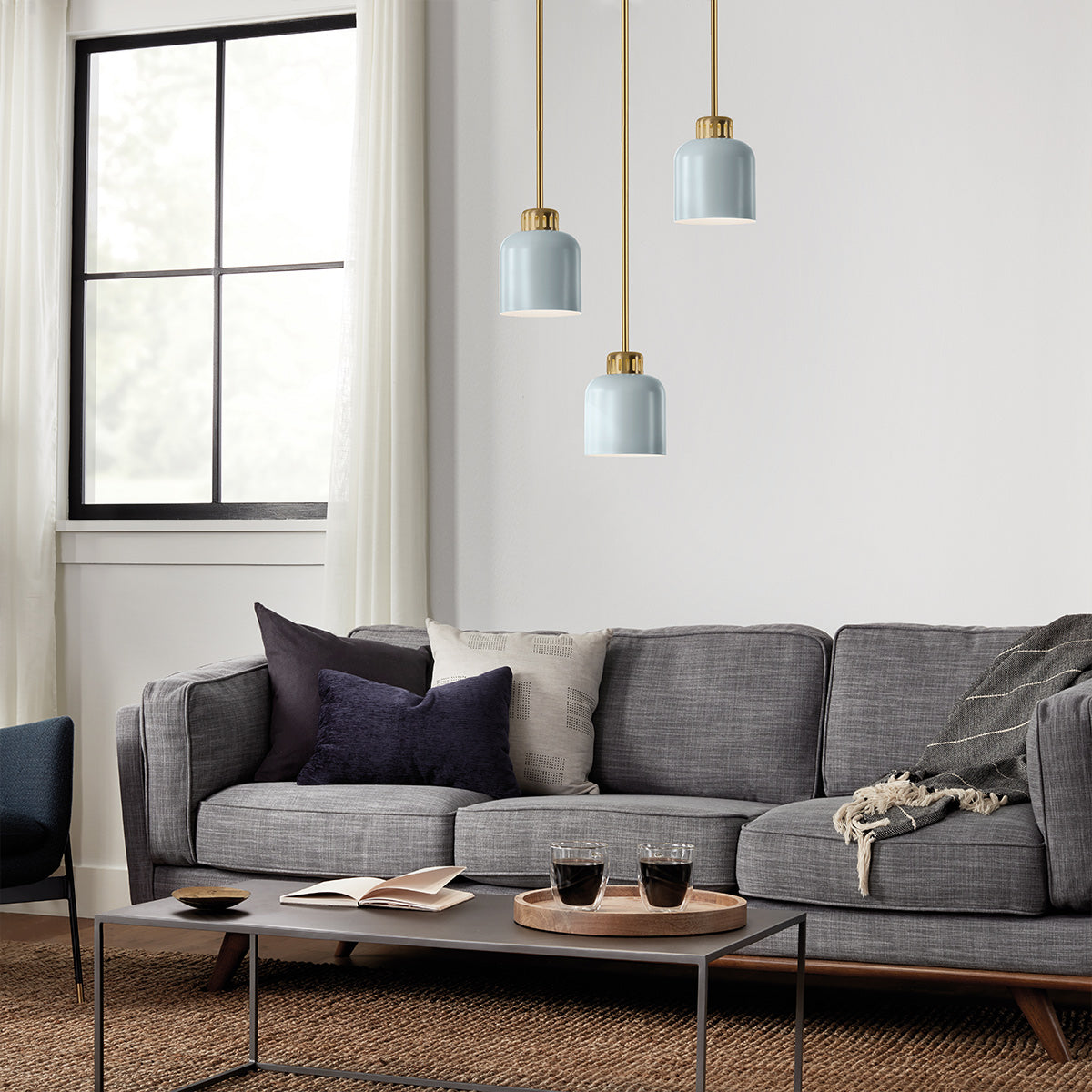 York Brass Duo-Mount Industrial Pendant - Pale Blue Canister Shade