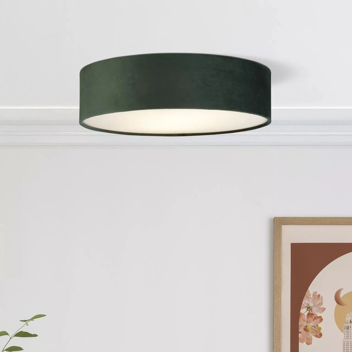 Drum 2 Light Flush Ceiling Light - Green Velvet Shade-warehouse-180926
