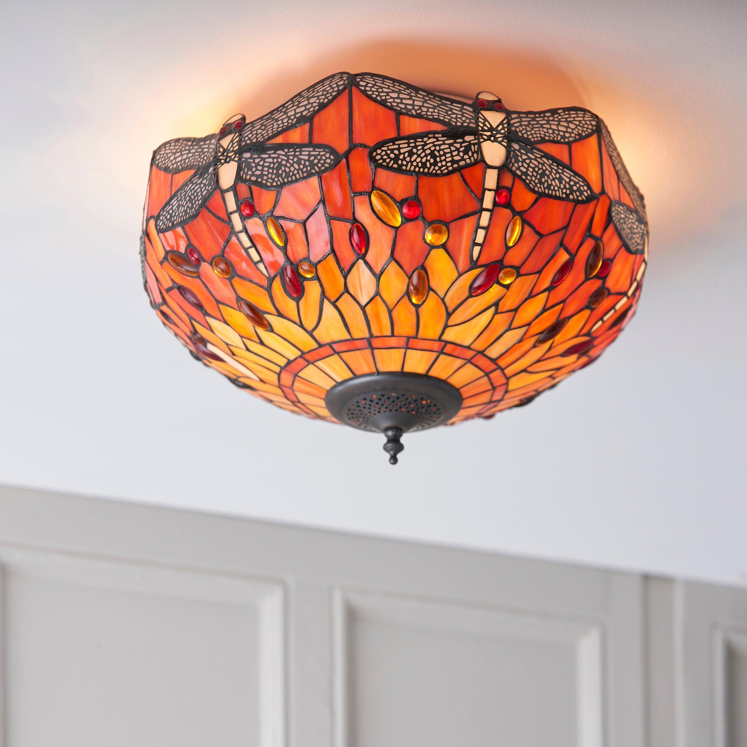 flame dragonfly tiffany medium 2 light flush ceiling light 70721 Hallway Lighting Close Up