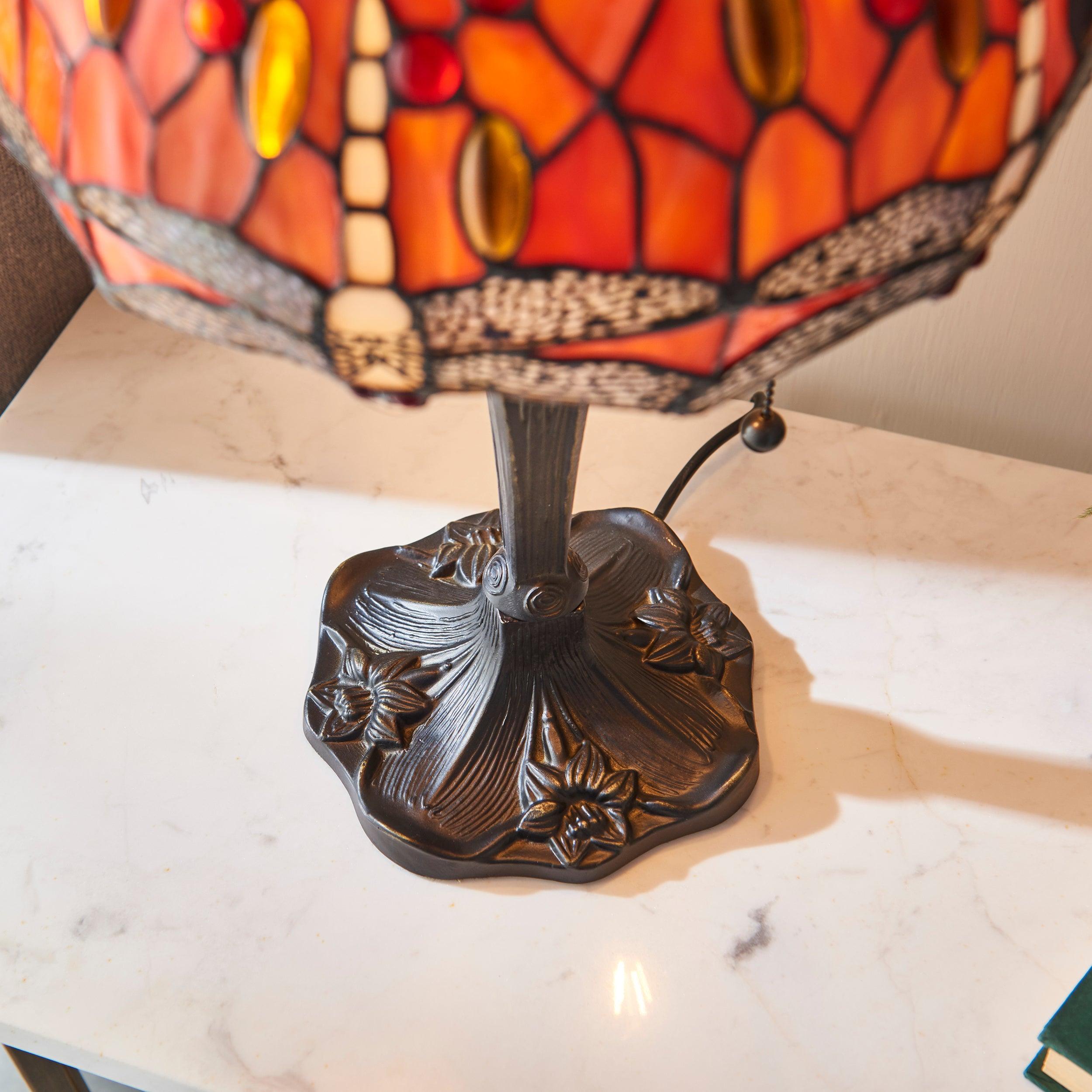 flame dragonfly medium tiffany lamp unlit close up image