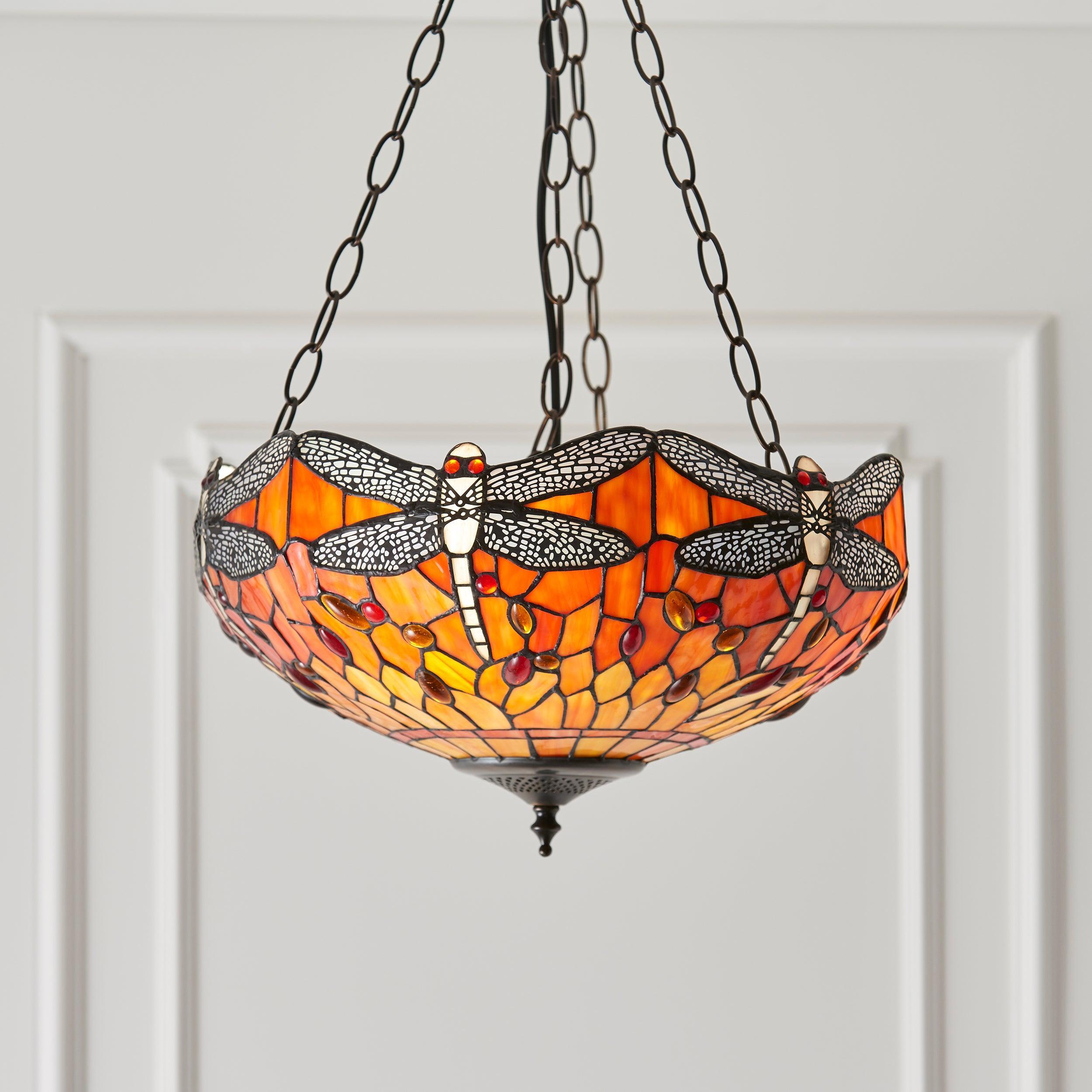 flame dragonfly medium tiffany 3 light inverted pendant light adj chain 64076 Hallway Lighting Close Up