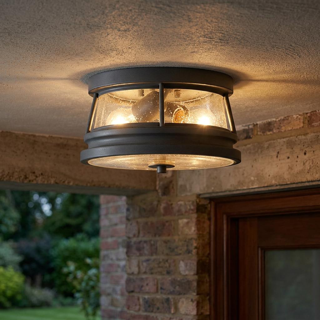 Industrial black ceiling light with seeded glass shade mounted on a porch ceiling with warm glow.