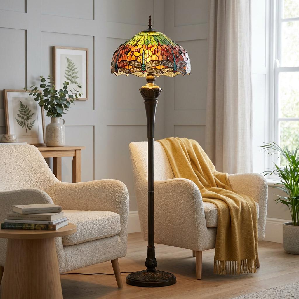 A Flame Dragonfly Tiffany floor lamp with a stained glass shade glowing between two white armchairs in a living room.