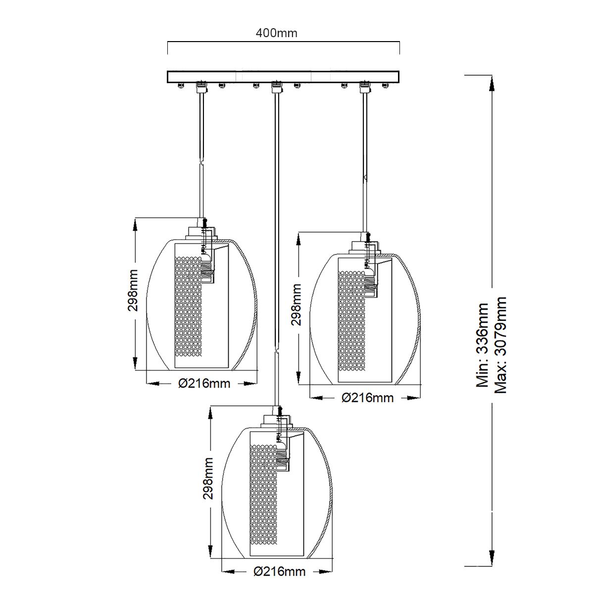 Asher 3 Light Pewter Ceiling Pendant Light Circle Plate
