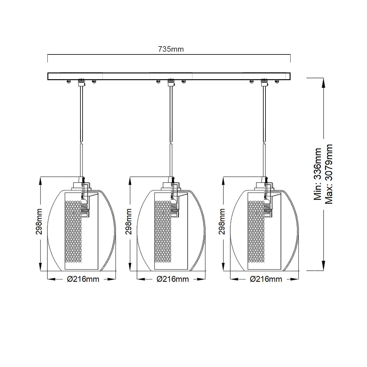 Asher 3 Light Pewter Ceiling Pendant Light Square Plate