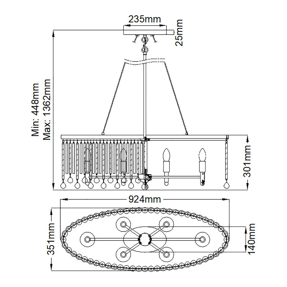 Piper 6 Light Oval polished Chrome Chandelier/ Pendant