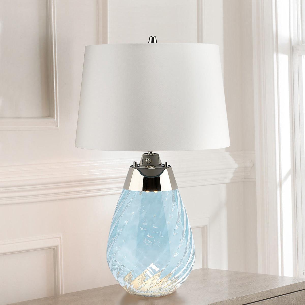 Lena 2 Light Small Blue Glass Table Lamp - Off-white Shade