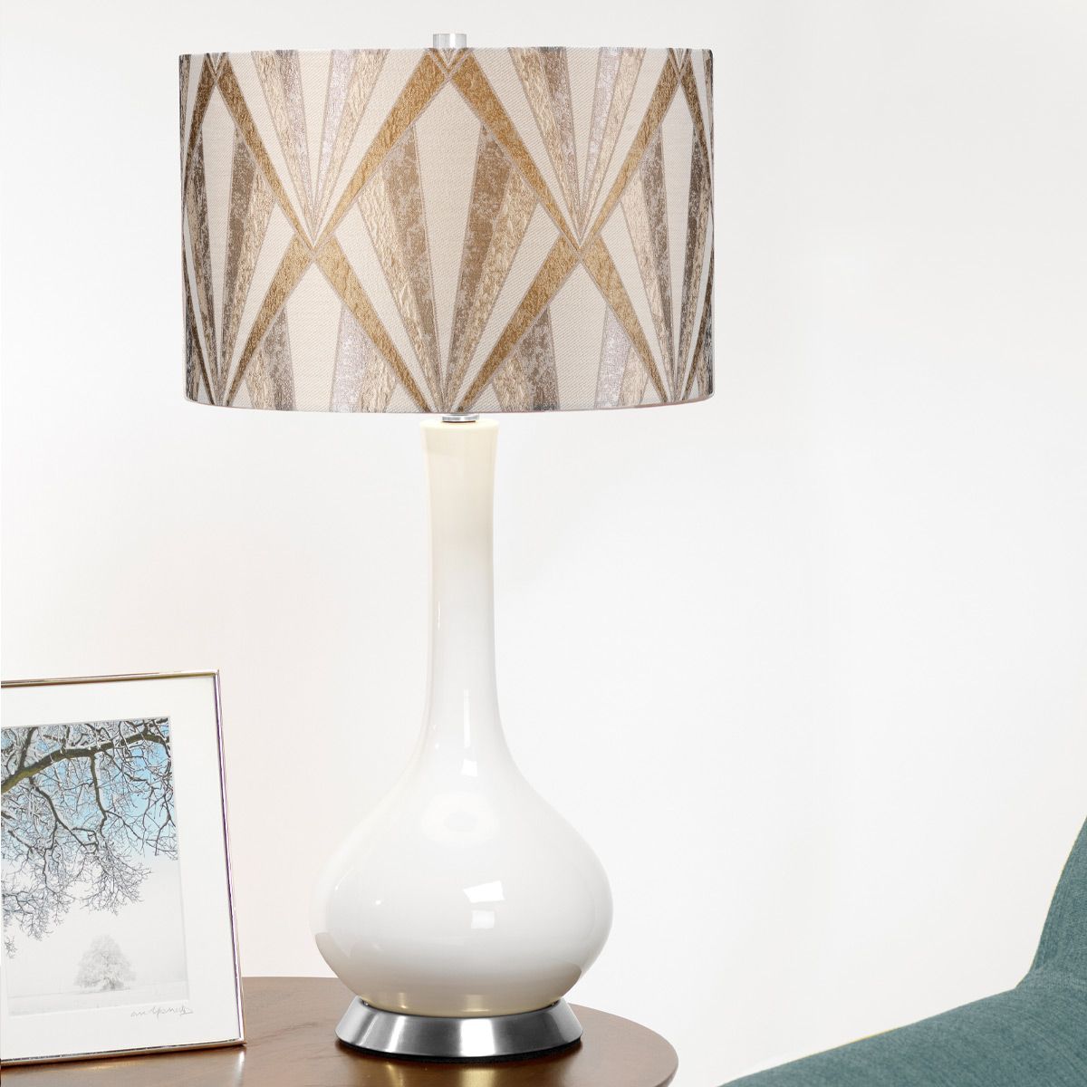 Milo White Ceramic Table Lamp with Silver Geometric Pattern Shade