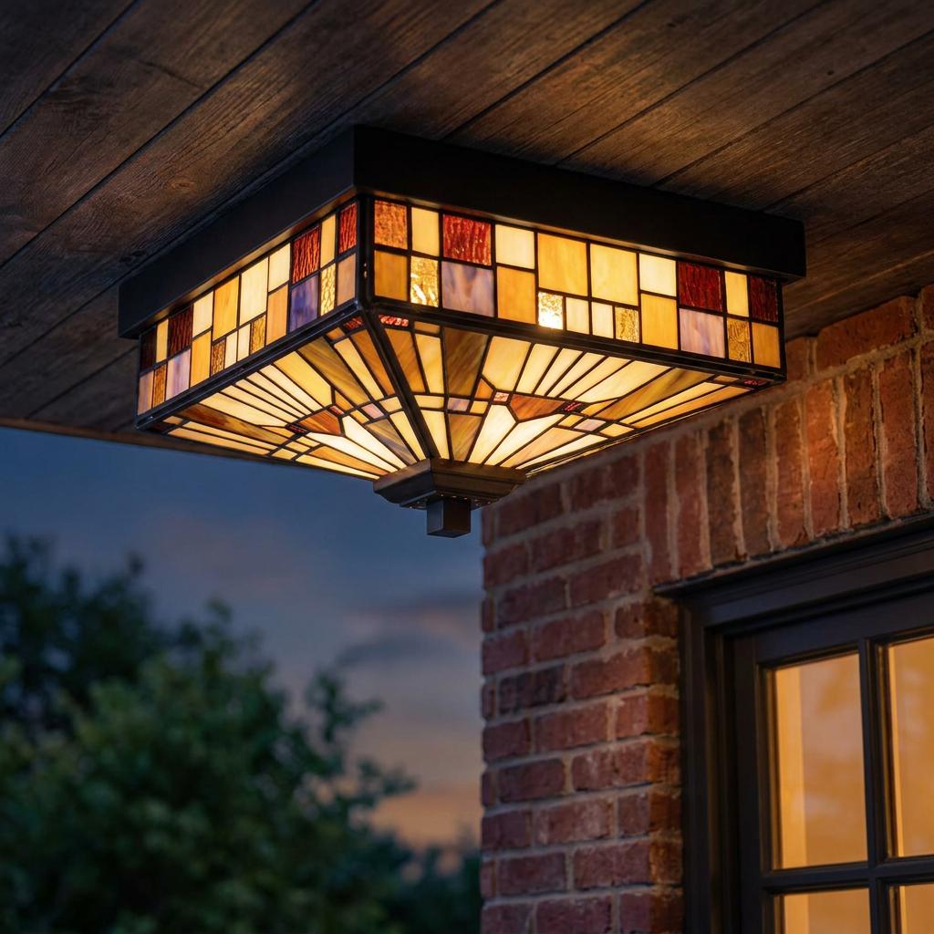 Mission-style square stained glass flush mount light on a wooden porch ceiling.