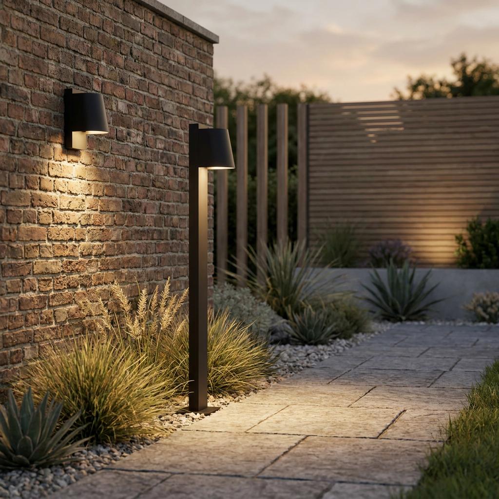 Modern black wall-mounted sconce and bollard light illuminating a brick garden path at dusk.