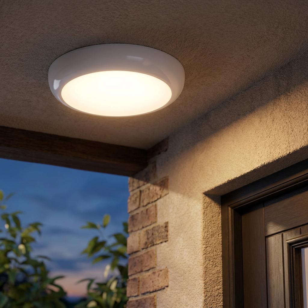 Modern round white outdoor ceiling light glowing on a porch overhang at dusk.