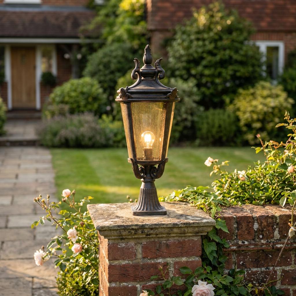 Ornate dark bronze lantern light glowing atop a brick garden wall pillar with a blurred house in the background.