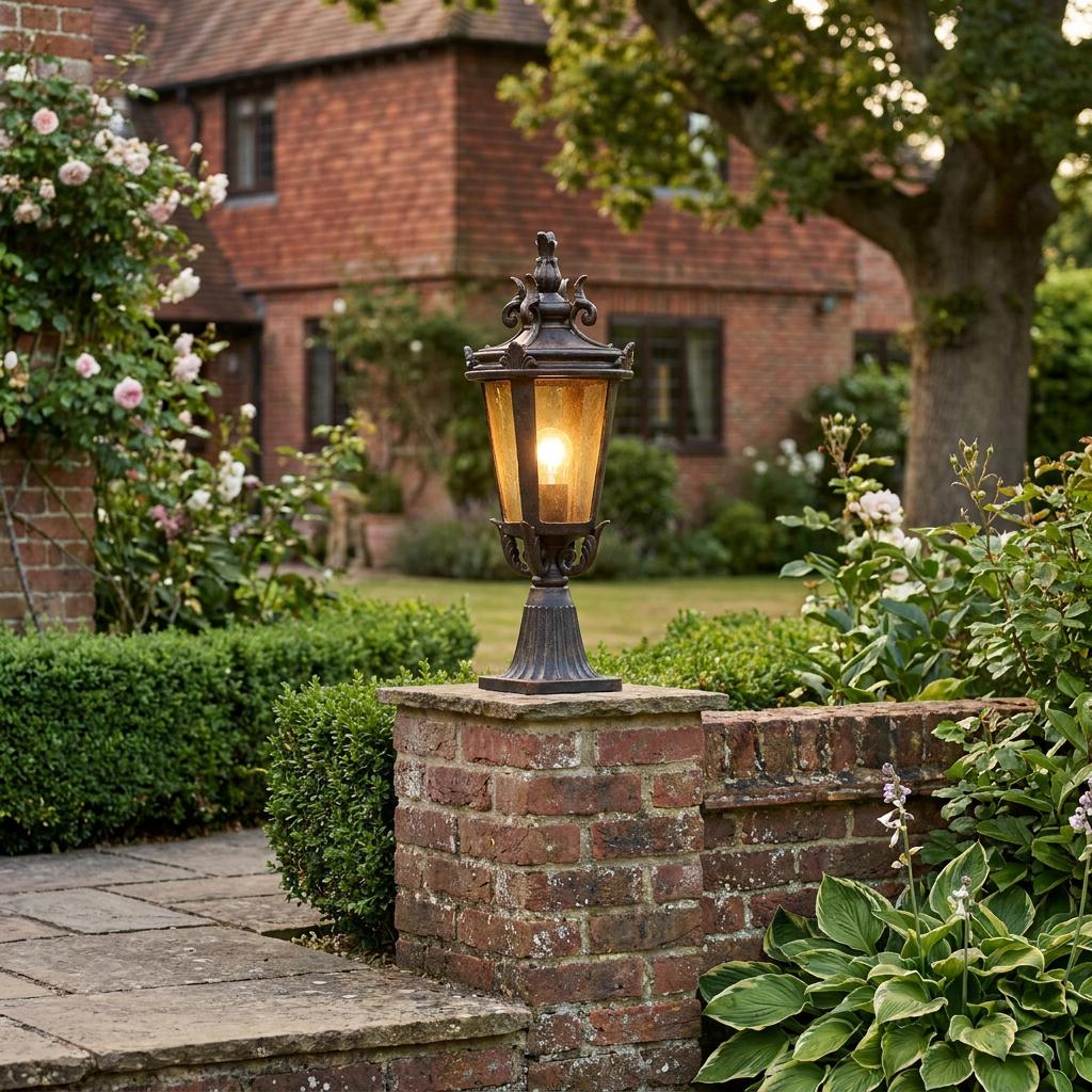Ornate bronze pedestal lantern lit on a brick garden wall with a traditional house in the background.