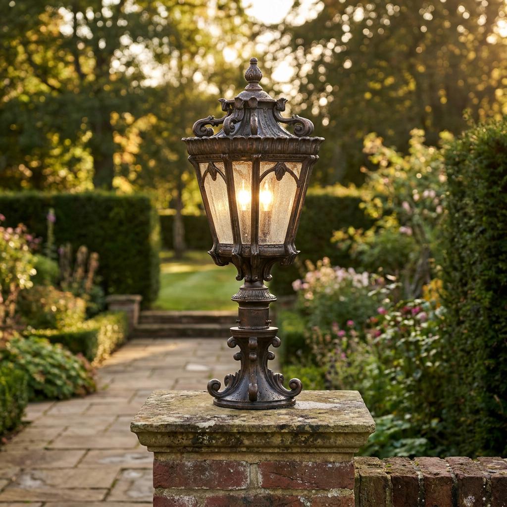 Ornate bronze garden lantern with glowing bulbs mounted on a stone pillar in a landscaped garden.
