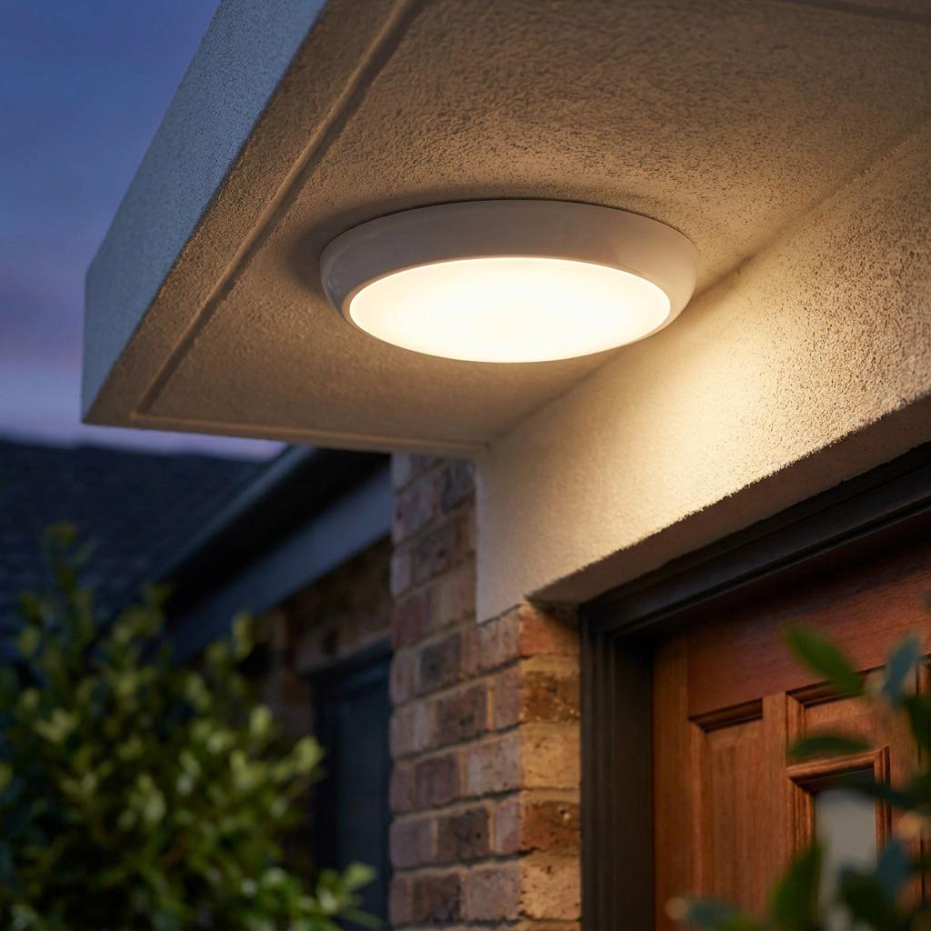 Round white flush-mount outdoor ceiling light glowing warm under a porch overhang at dusk.