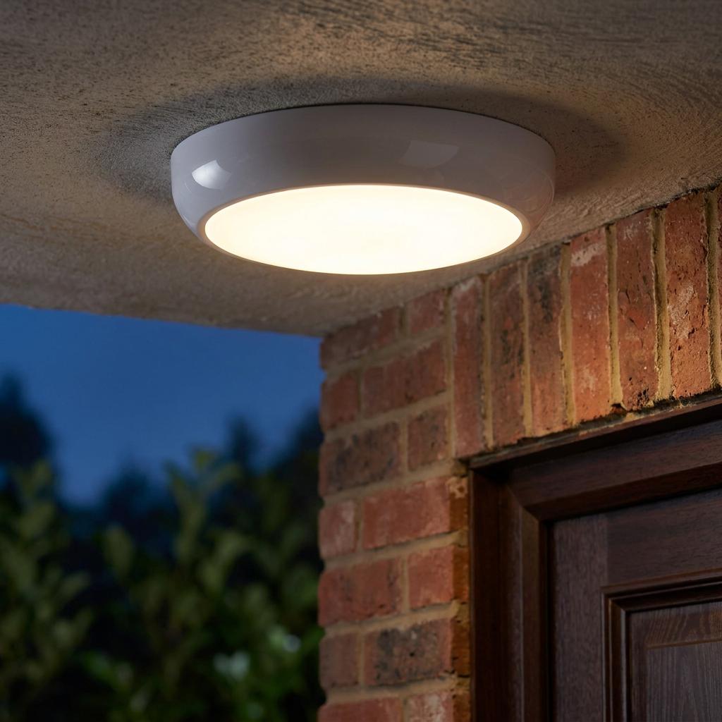 Round white outdoor flush-mount ceiling light emitting a warm glow from a concrete overhang above a brick wall.