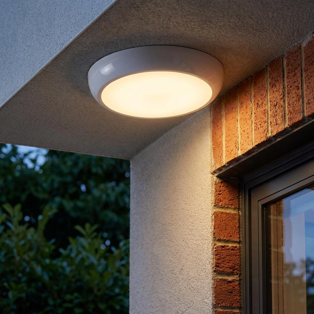 A round white flush-mount outdoor light glows warmly under a concrete overhang by a brick wall and window.