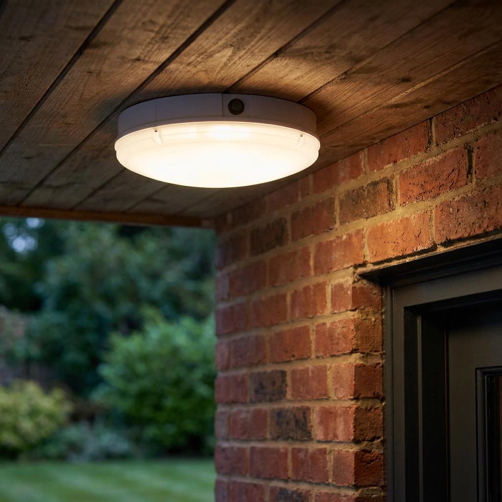 Round white LED bulkhead light with PIR sensor mounted under a wooden porch ceiling next to a brick wall.