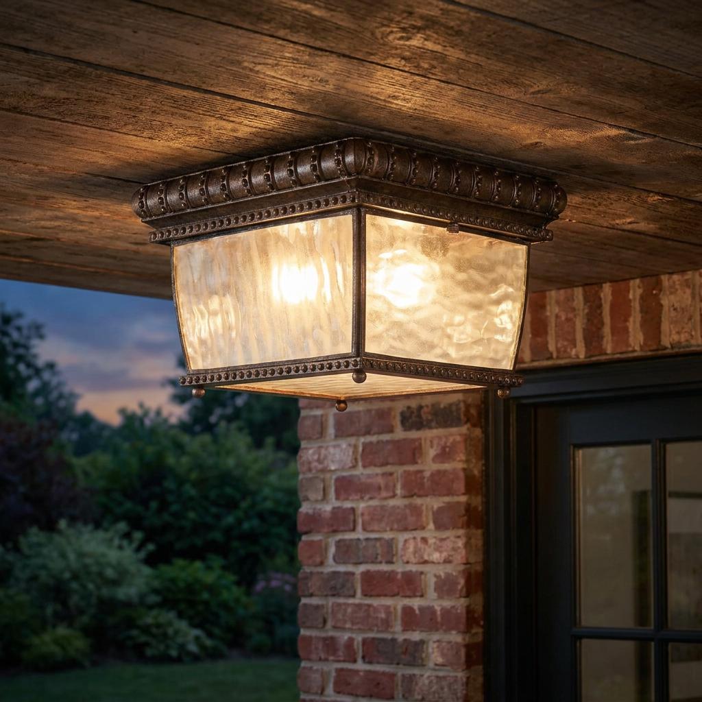 Rustic bronze square flush mount outdoor light with textured glass panels on a wooden porch ceiling at dusk.