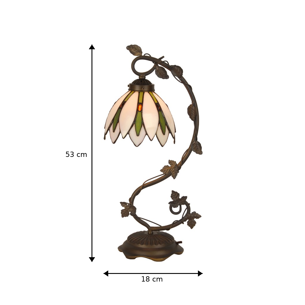 Decorative table lamp with stained glass shade and leaf design, shown with dimensions on a white background.