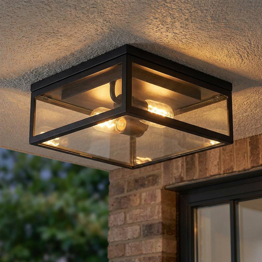 Square black metal and glass flush-mount exterior ceiling light with glowing bulbs mounted on a porch.