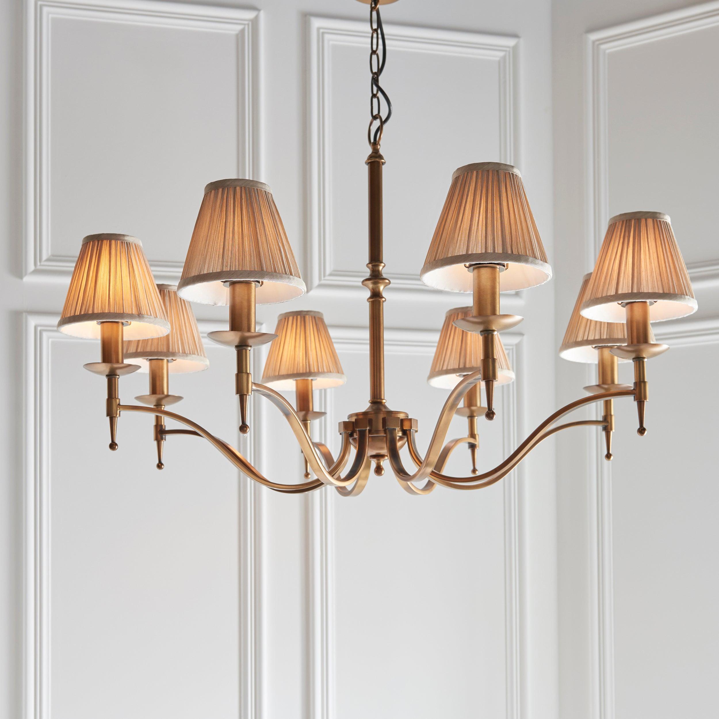 Stanford 8 Light Antique Brass Chandelier - Beige Shades-Interiors 1900-1-Tiffany Lighting Direct