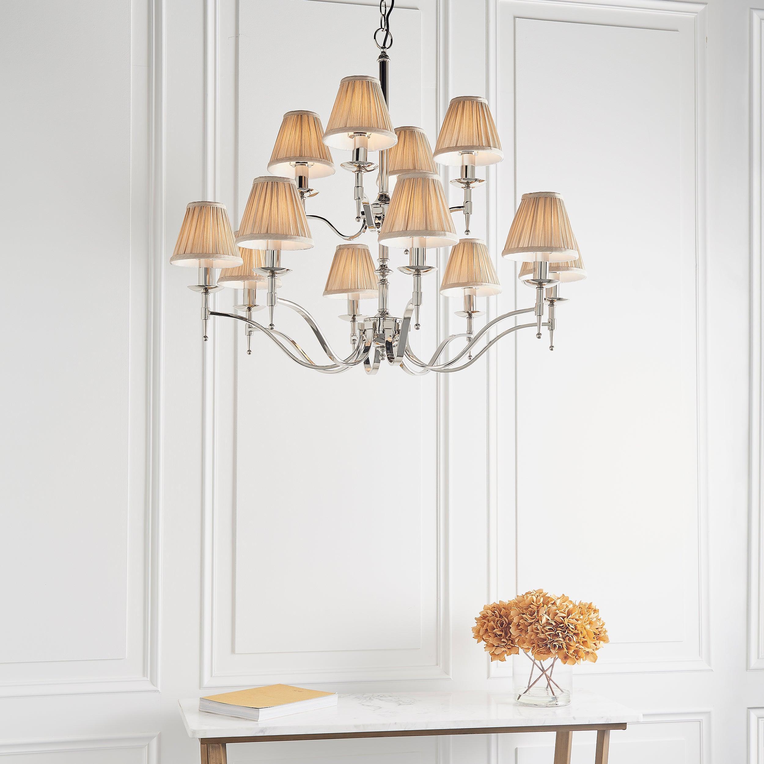 Stanford 12 Light Polished Nickel Chandelier - Beige Shades-Interiors 1900-7-Tiffany Lighting Direct