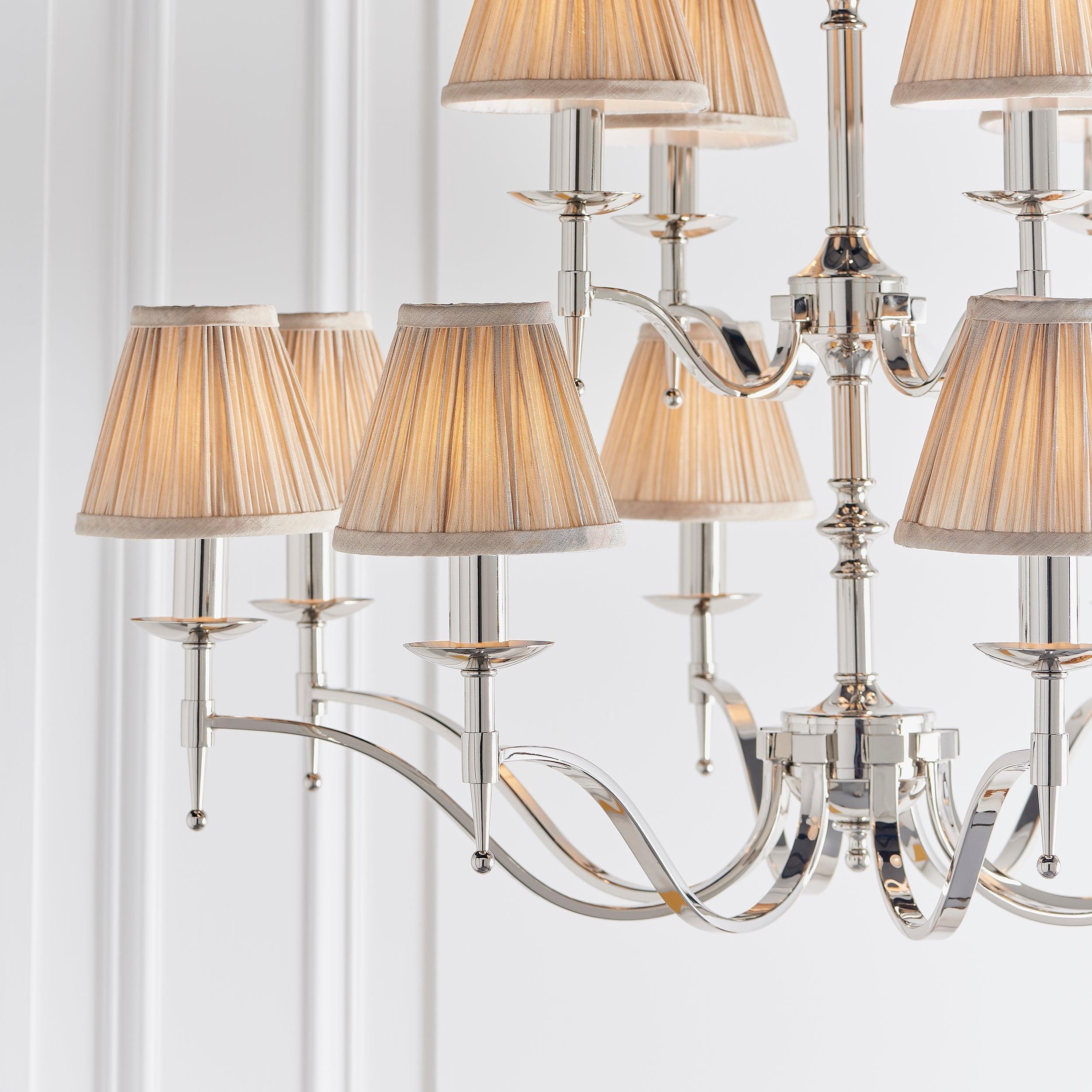 Stanford 12 Light Polished Nickel Chandelier - Beige Shades-Interiors 1900-8-Tiffany Lighting Direct