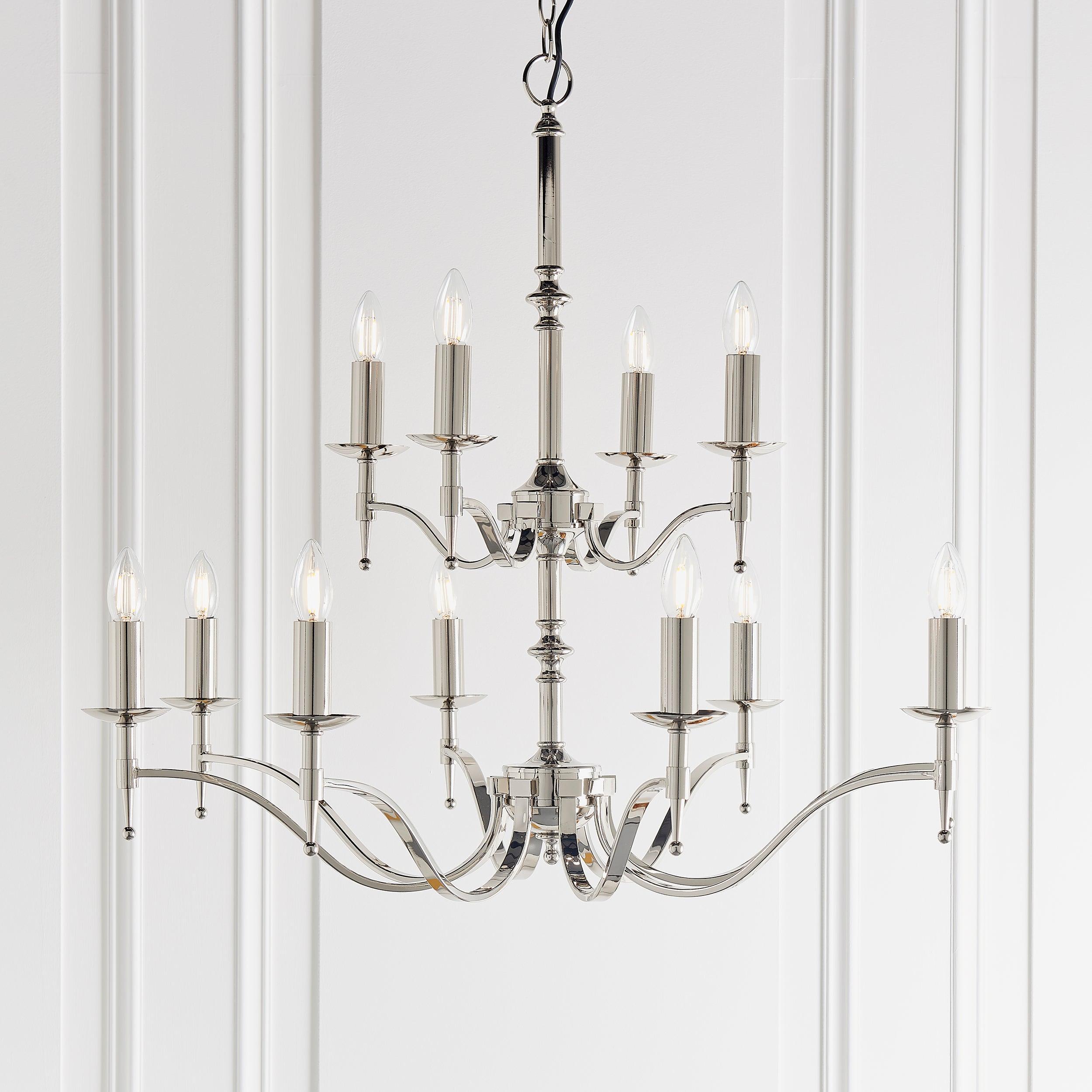 Stanford 12 Light Polished Nickel Chandelier - Beige Shades-Interiors 1900-10-Tiffany Lighting Direct