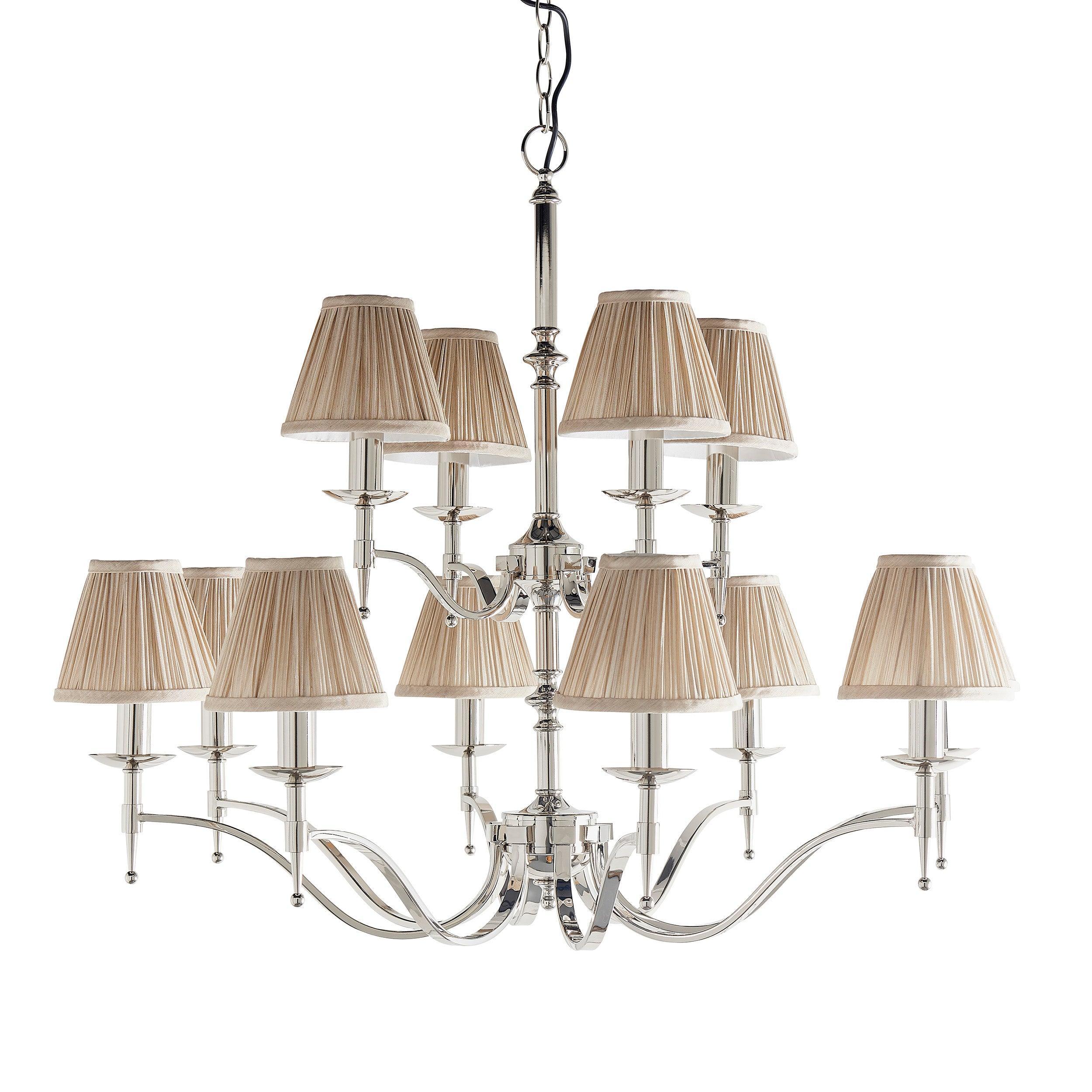 Stanford 12 Light Polished Nickel Chandelier - Beige Shades-Interiors 1900-11-Tiffany Lighting Direct