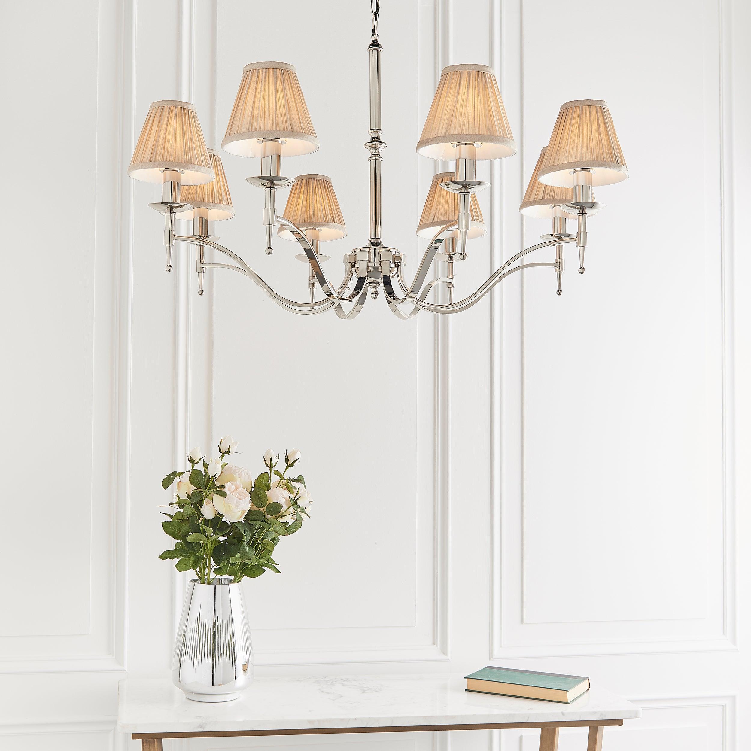 Stanford 8 Light Polished Nickel Chandelier with Beige Shades-Interiors 1900-8-Tiffany Lighting Direct