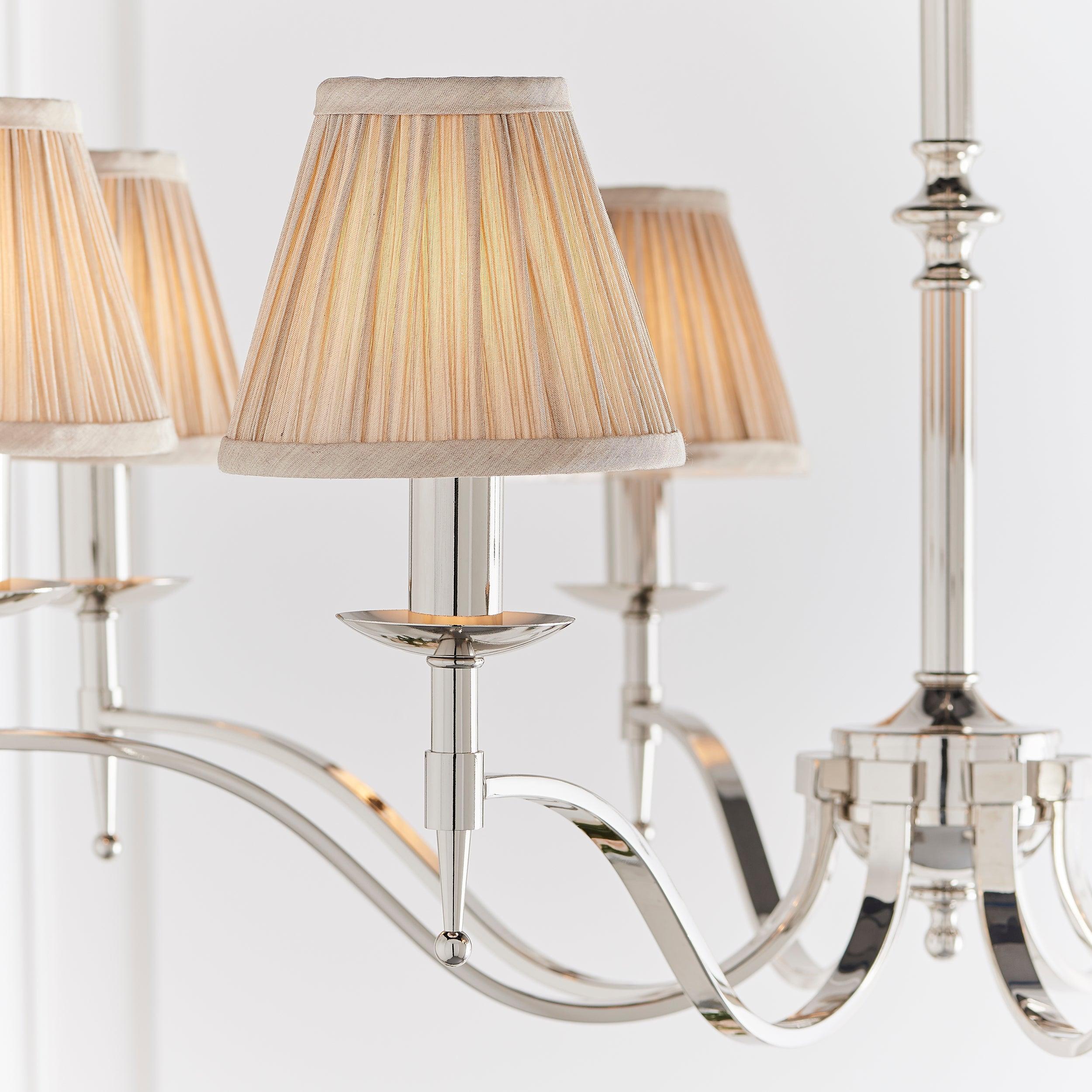 Stanford 8 Light Polished Nickel Chandelier with Beige Shades-Interiors 1900-2-Tiffany Lighting Direct