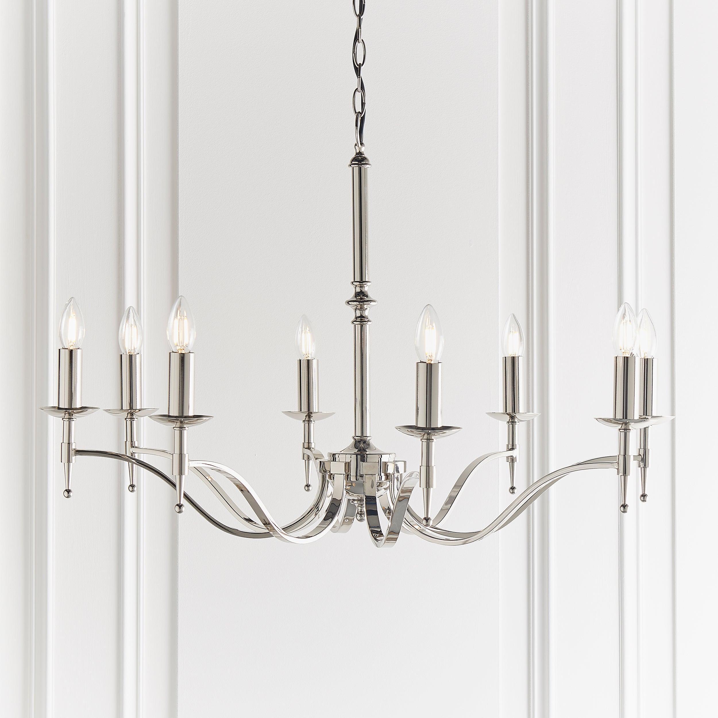 Stanford 8 Light Polished Nickel Chandelier with Beige Shades-Interiors 1900-10-Tiffany Lighting Direct