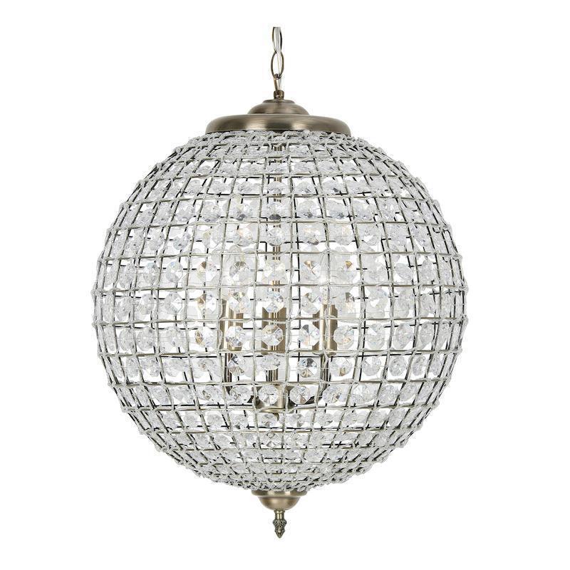 Ballon 3 Light Antique Brass & Crystal Globe Pendant - 45cm-OB-180926
