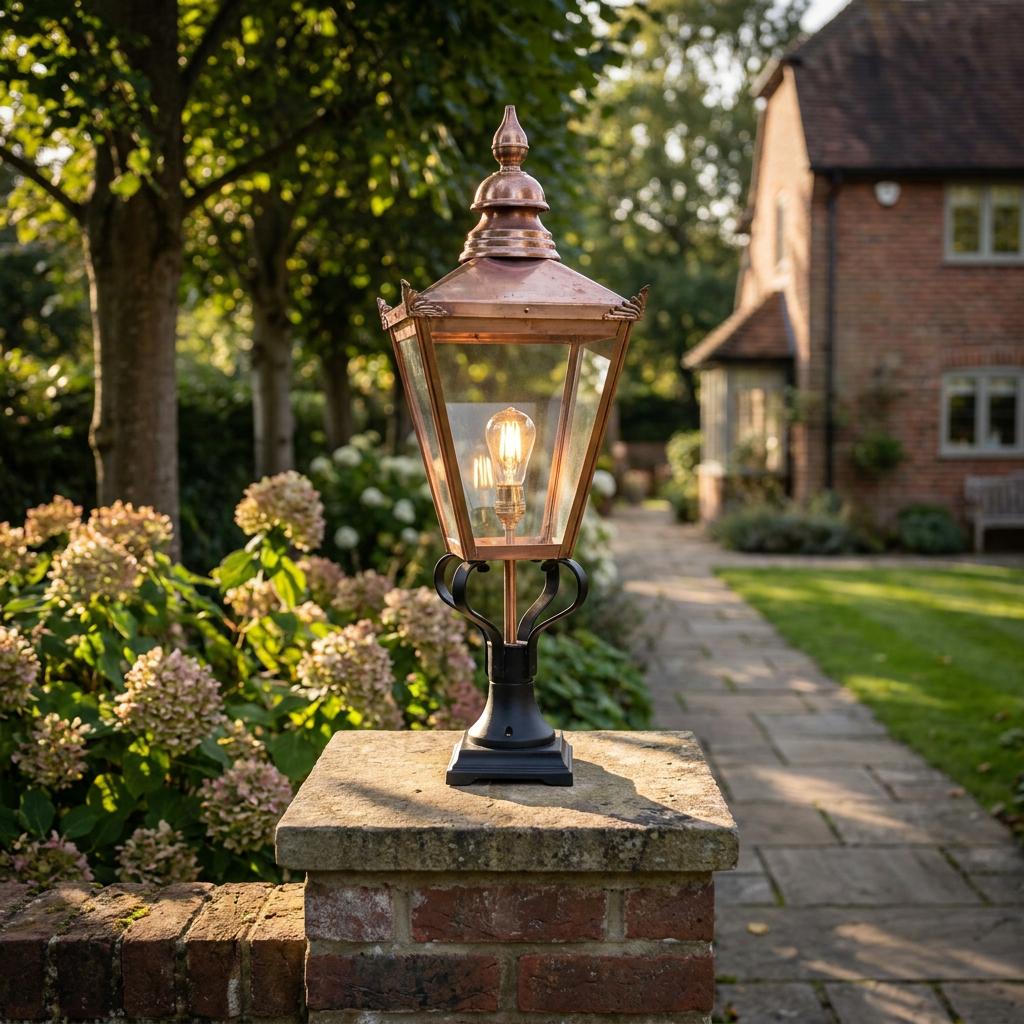 A traditional copper lantern with a black base mounted on a brick pillar in a lush garden setting.