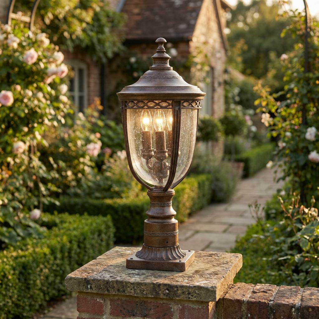 Weathered bronze pedestal lantern with seeded glass glowing on a stone garden pillar amidst blooming roses.
