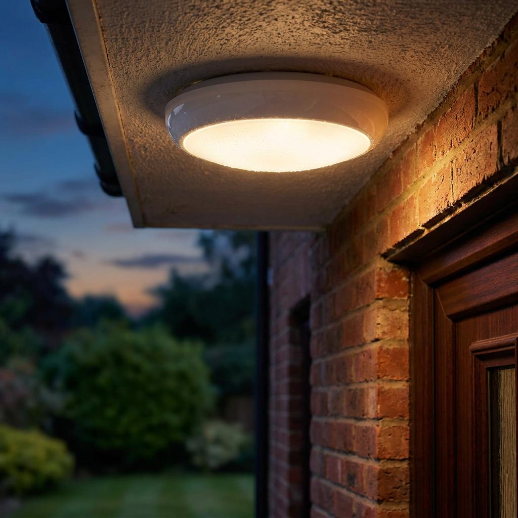 Circular white outdoor bulkhead light glowing under a house eave against a brick wall at dusk.