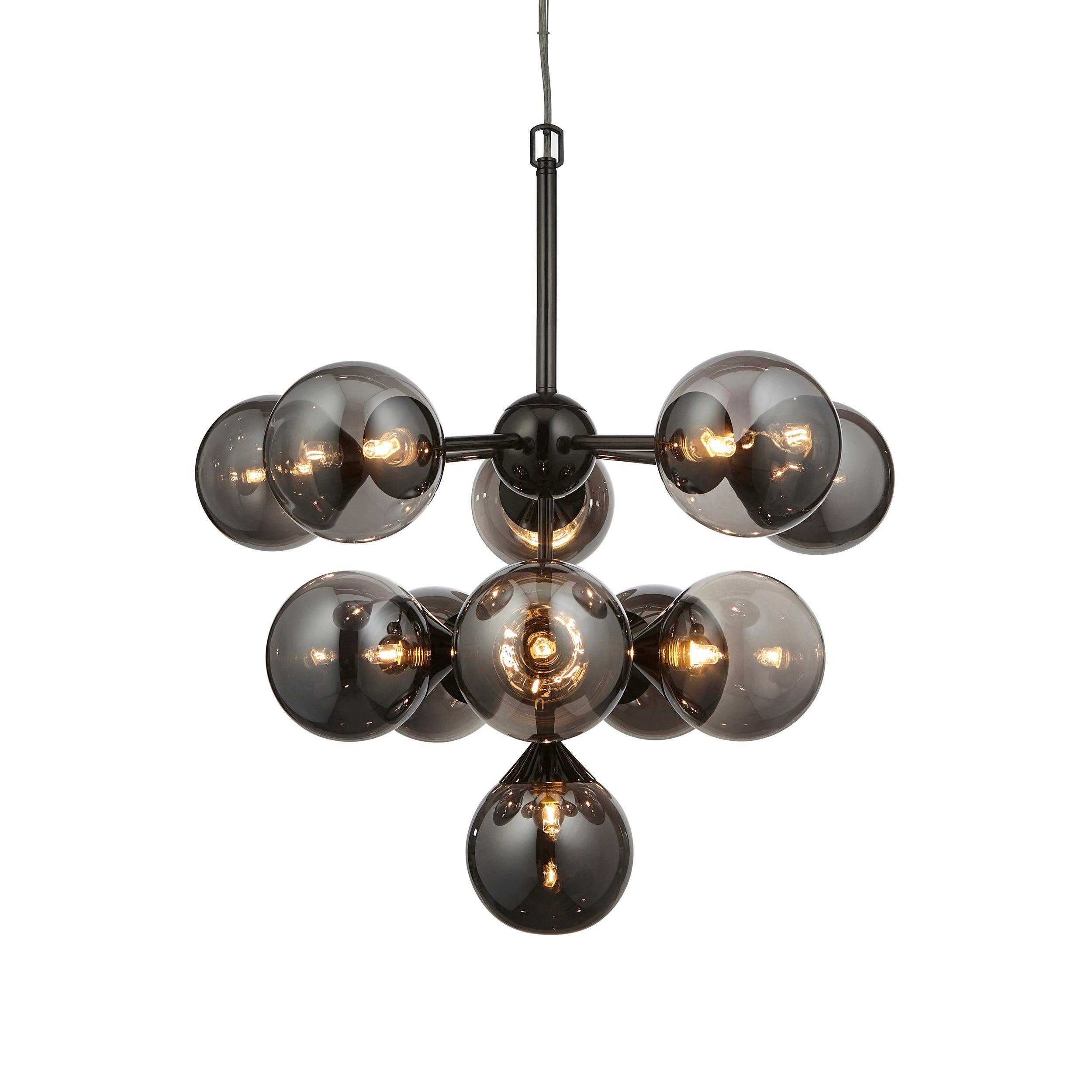 Oscar 11 Light Black Pendant - Smoked Glass Shades-Ceiling Pendant Lights-Endon Lighting Living Room Lighting Tiffany Lighting Direct