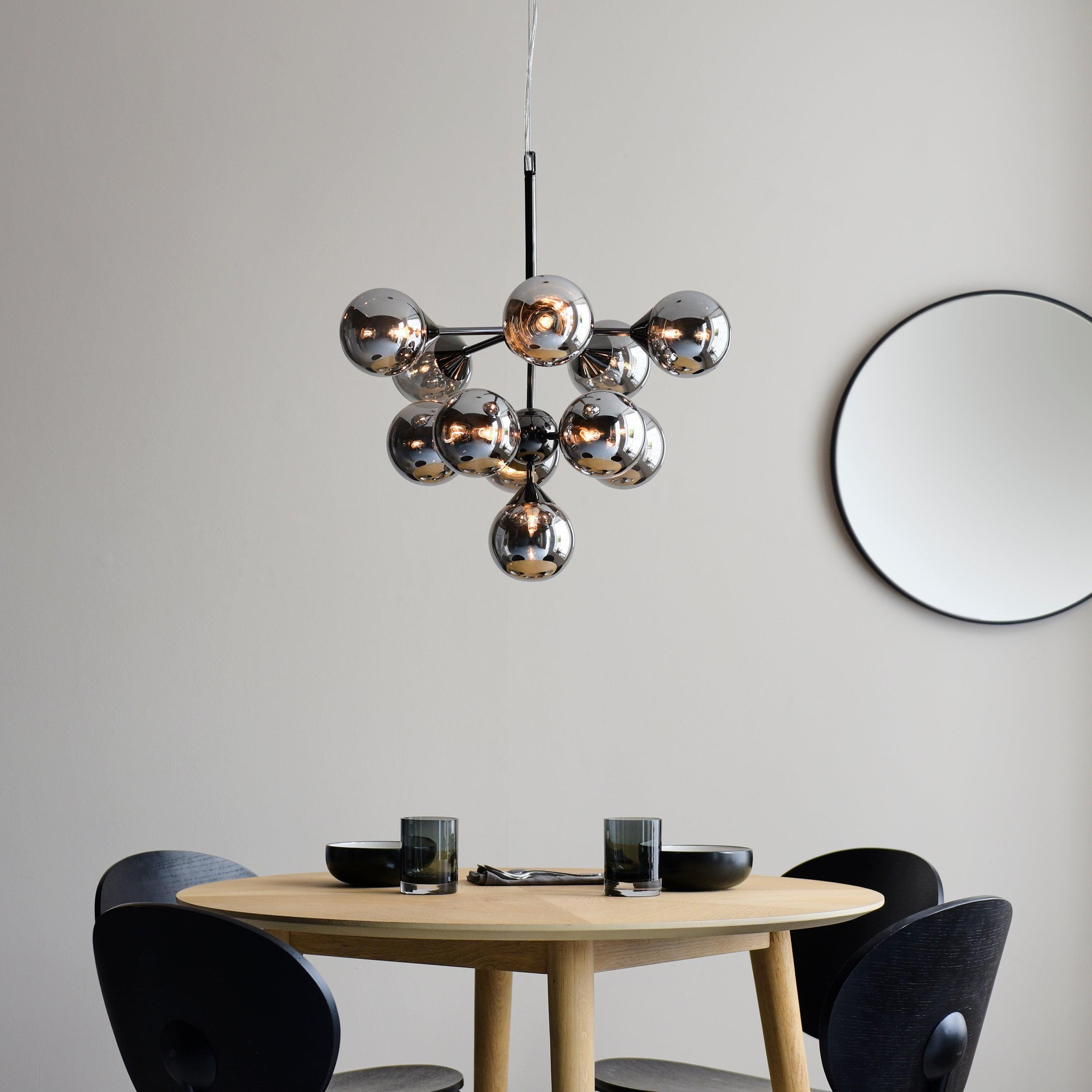Oscar 11 Light Black Pendant - Smoked Glass Shades-Ceiling Pendant Lights-Endon Lighting Living Room Close Up Lighting Tiffany Lighting Direct