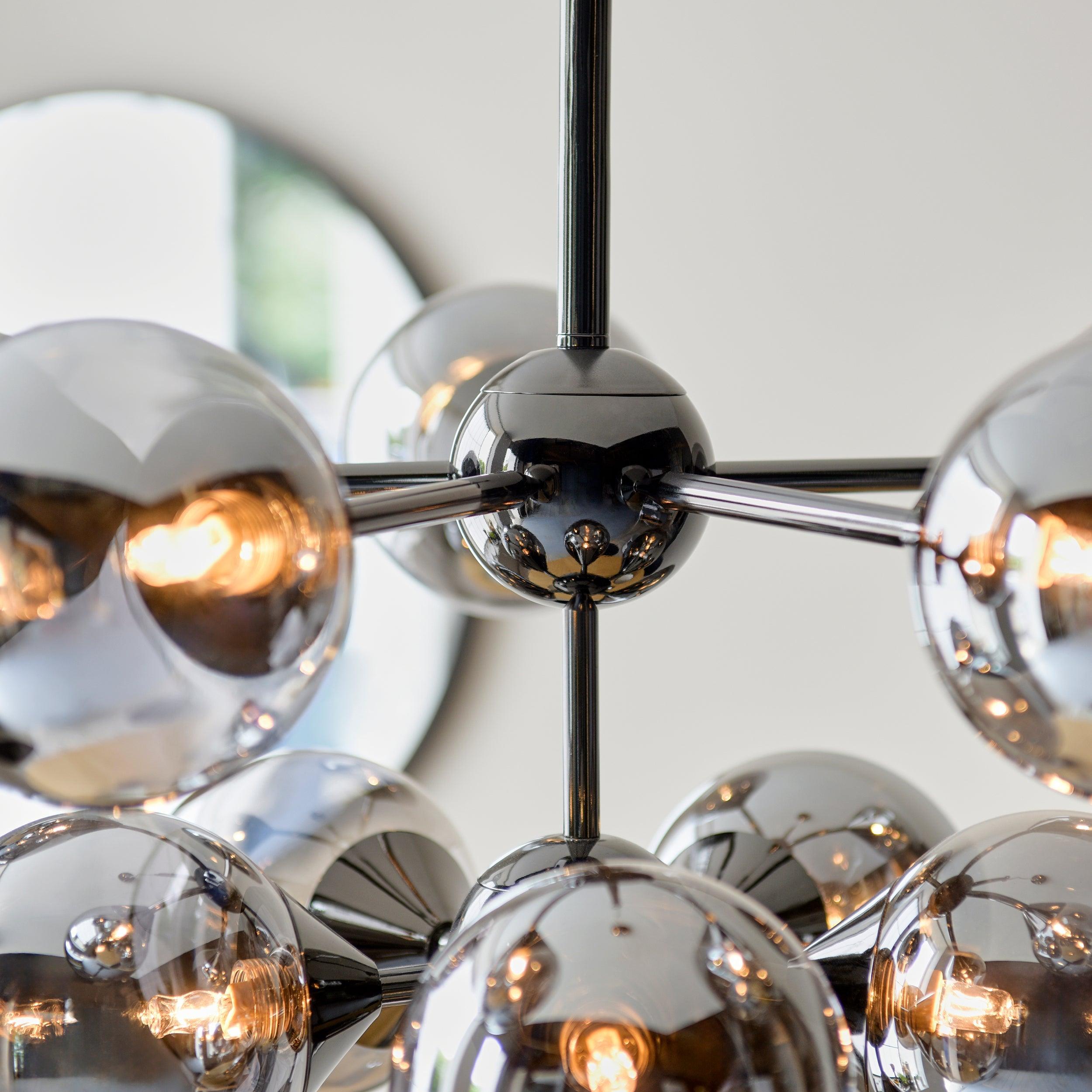 Oscar 11 Light Black Pendant - Smoked Glass Shades-Ceiling Pendant Lights-Endon Lighting living room close. up unlit Tiffany Lighting Direct