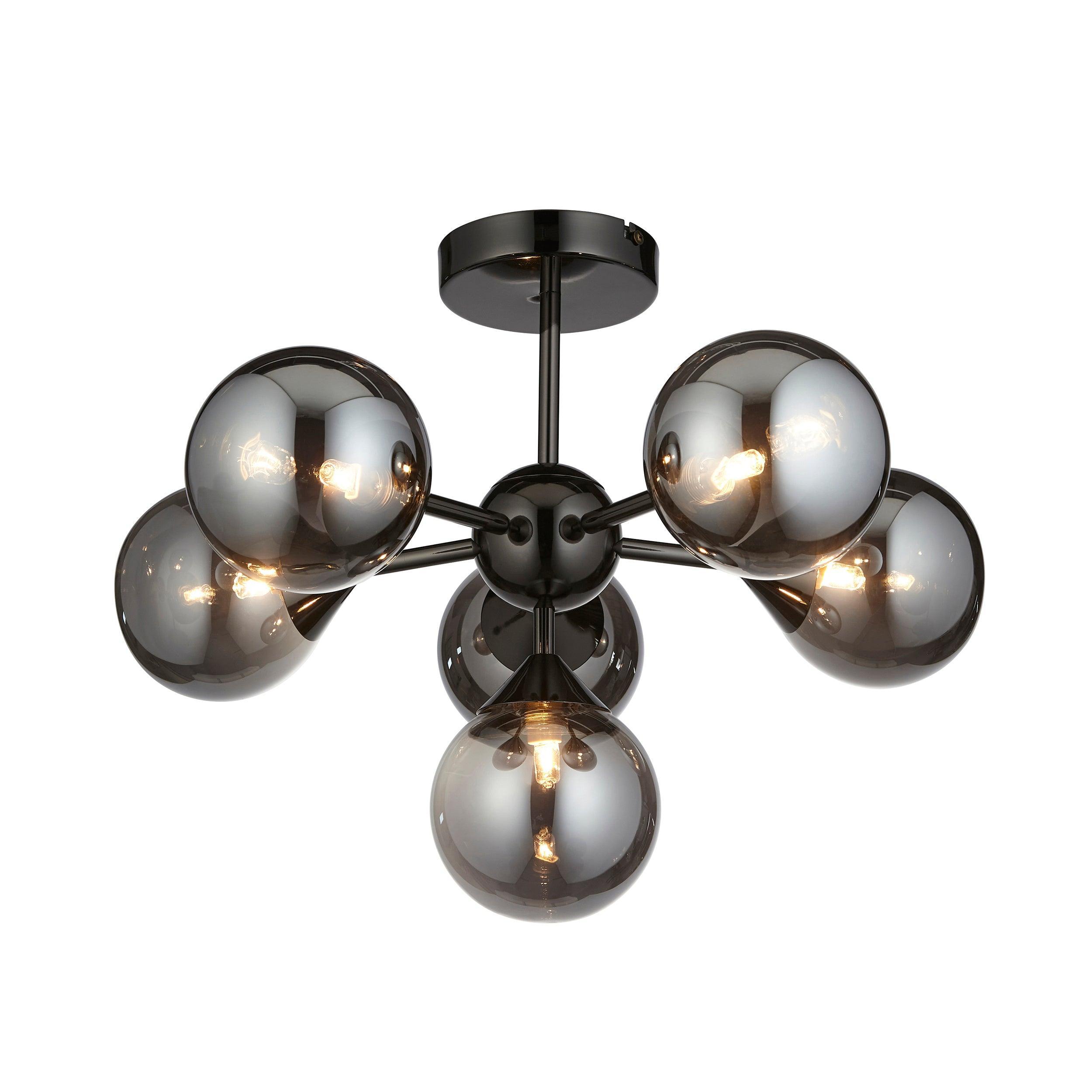 Oscar 6 Light Black living room Semi Flush - Smoked Glass Shades image 1
