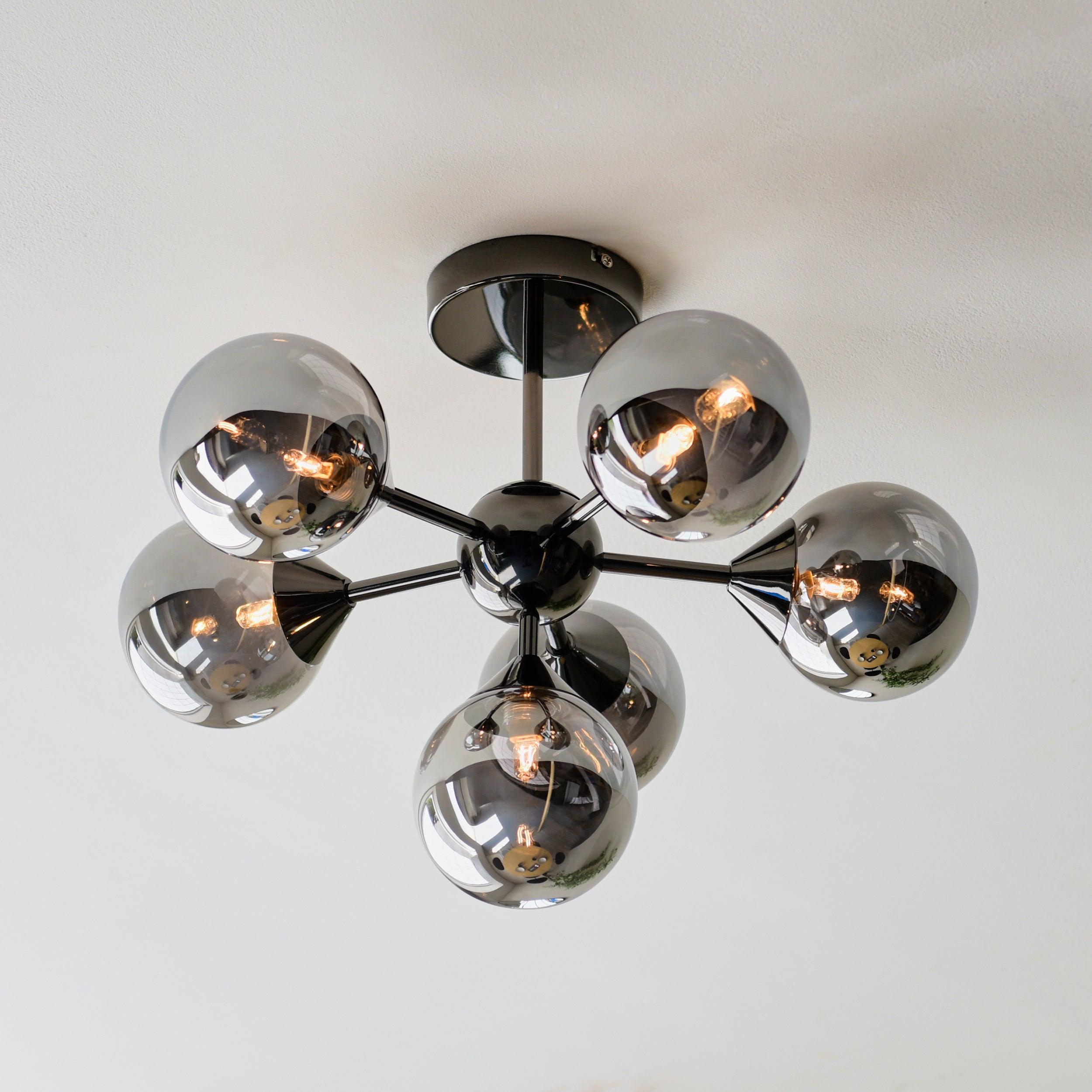 Oscar 6 Light Black living room Semi Flush - Smoked Glass Shades image 3