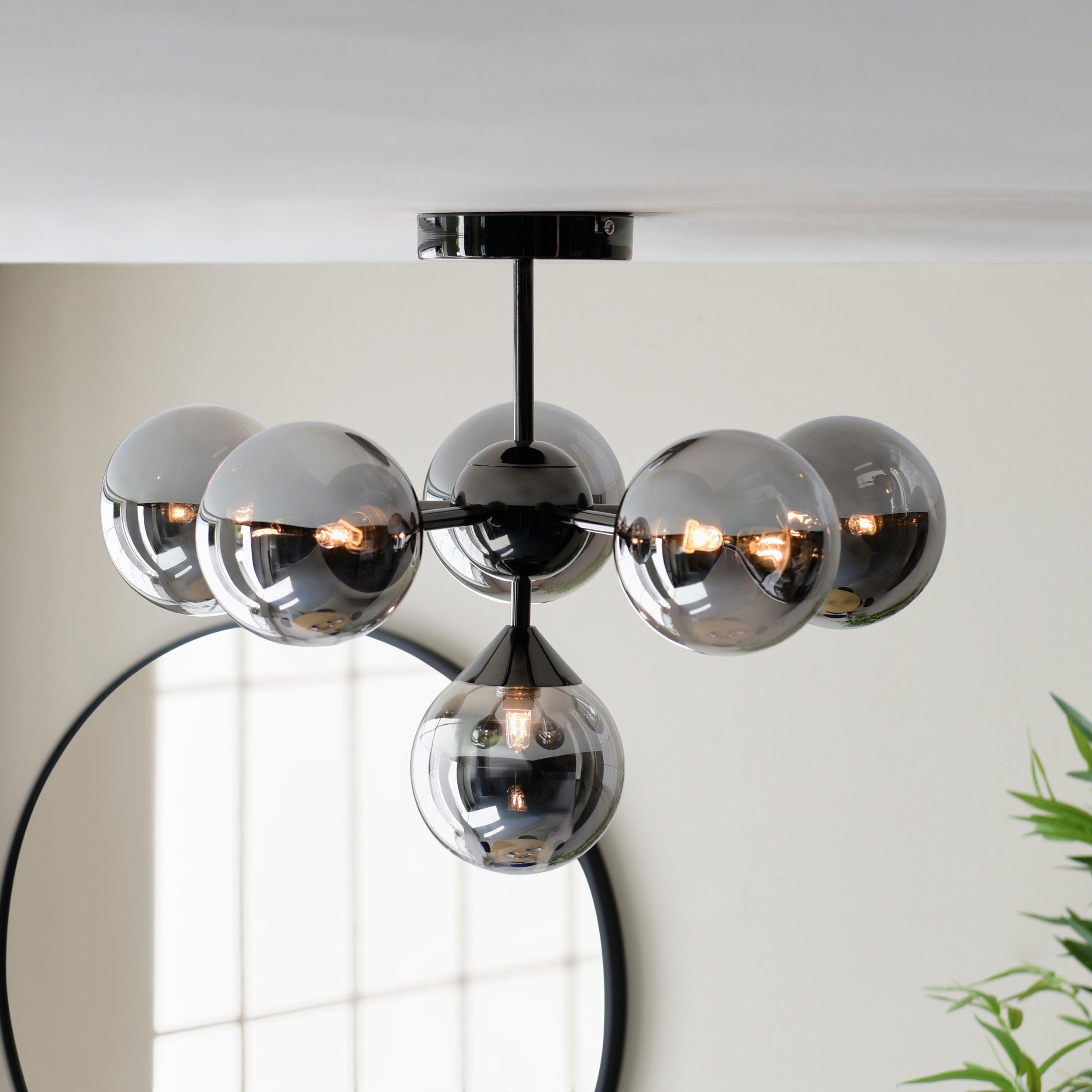 Oscar 6 Light Black living room Semi Flush - Smoked Glass Shades image 4