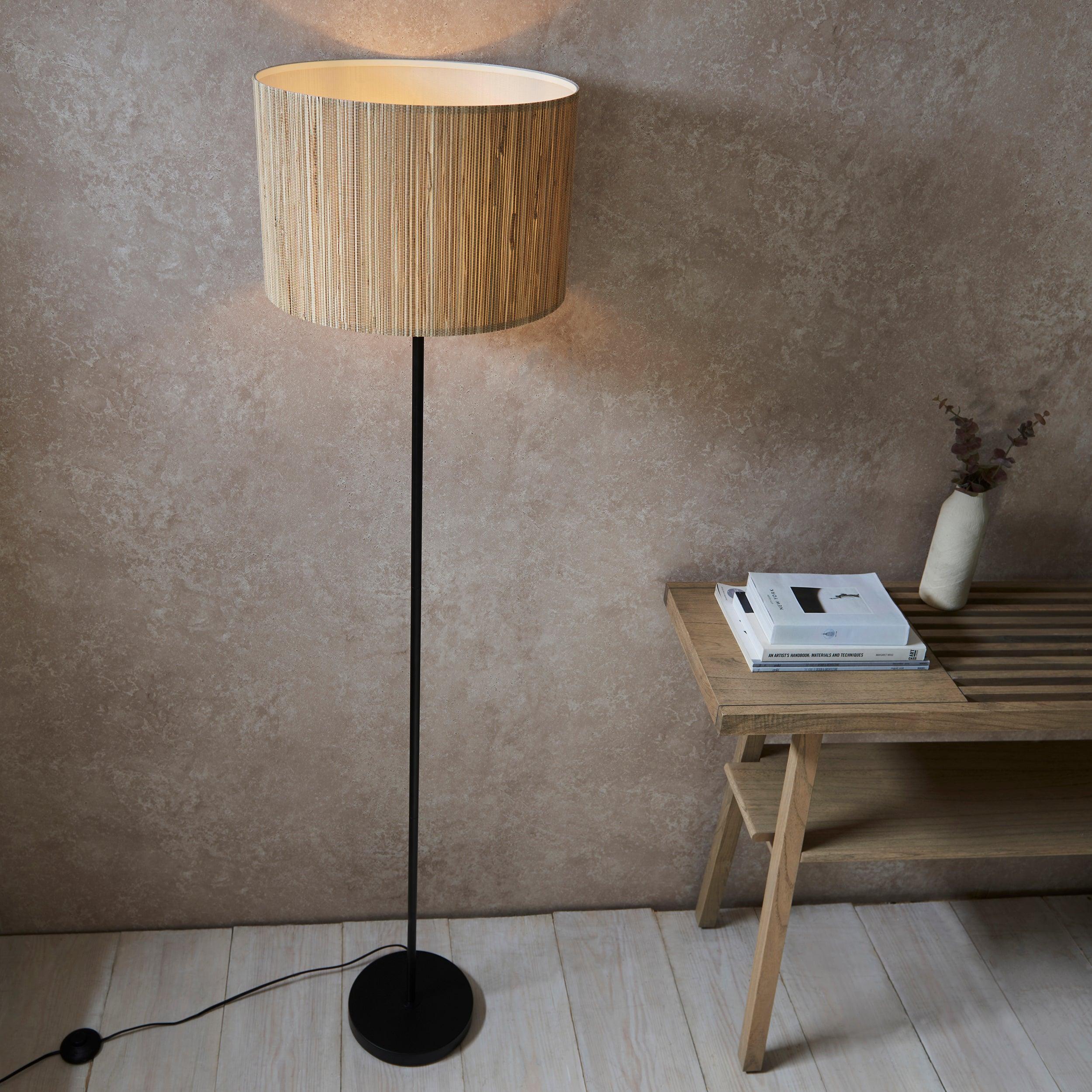 longshore black floor lamp with seagrass shade by Endon Lighting Living Room Unlit Shot
